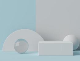 Representación 3D de podio vacío en color blanco azul. pedestal en blanco y escaparate con un diseño limpio. escena mínima para la exhibición de productos. foto