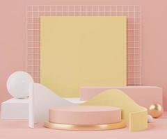 3d Abstract background of empty podium display for products and cosmetic presentation and mock up. Pink coral color pedestal or showcase with minimal geometry shapes. Colorful scene. photo