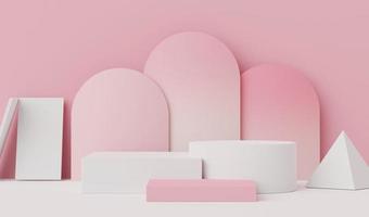 3d geometric forms. Blank podium display in white coral pink color. Minimalist pedestal or showcase scene for present product and mock up. photo