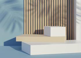 3D Abstract background of empty podium display for products and cosmetic presentation and mock up. Classy modern pedestal or showcase with shadow of palm leaves. Colorful scene. Summer time. photo