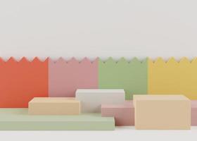 3D Podium stand with pastel color arches scene. Minimalist geometric vacant platform for mock up and presentation. Abstract background for commercial and cosmetic advertising. photo