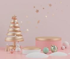 Escena de representación 3d del concepto de vacaciones de navidad decorar con árbol y muestra podio o pedestal para maquetas y presentación de productos.