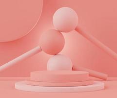 3d Abstract background of empty podium display for products and cosmetic presentation and mock up. Pink coral color pedestal or showcase with minimal geometry shapes. Colorful scene. photo