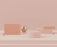 3d Abstract background of empty podium display for products and cosmetic presentation and mock up. Pink coral color pedestal or showcase with minimal geometry shapes. Colorful scene. photo
