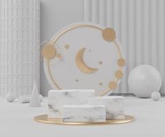 3d rendering of White gold podium with geometric shapes. Fashion show stage,pedestal, shopfront with clean theme. Minimal scene for  product display. photo