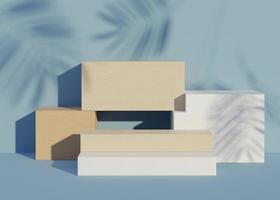 3D Abstract background of empty podium display for products and cosmetic presentation and mock up. Classy modern pedestal or showcase with shadow of palm leaves. Colorful scene. Summer time. photo