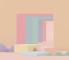 3d Abstract background of empty podium display for products and cosmetic presentation and mock up. Pastel cream colors pedestal or showcase with minimal geometry shapes. Colorful scene. photo