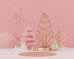 3d rendering scene of Christmas holiday concept decorate with tree and displays podium or pedestal for mock up and products presentation. photo