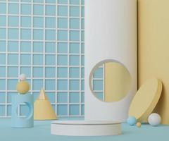 3d resumen render escena mínima de podio de color azul pastel amarillo y rosa para mostrar productos y publicidad con fondo limpio foto