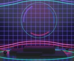 3d geometric forms. Black box podium with neon light and blue wall in dark theme. Empty platforms, stage,pedestal, and shopfront for mock up. photo