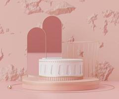 3d Abstract background of empty podium display for products and cosmetic presentation and mock up. Pink coral color pedestal or showcase with minimal geometry shapes. Colorful scene. photo