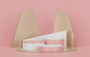 3d Abstract background of empty podium display for products and cosmetic presentation and mock up. Pink coral color pedestal or showcase with minimal geometry shapes. Colorful scene. photo