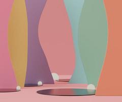 3D Abstract background of empty podium display for products and cosmetic presentation and mock up. Black mirrors pedestal with bright wall and minimal geometry shapes. Colorful scene. photo