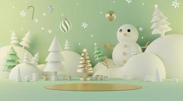 3d rendering scene of Christmas holiday concept decorate with tree and displays podium or pedestal for mock up and products presentation. photo