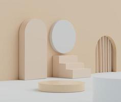 Representación 3d de tonos tierra mínimo muestra podio o pedestal para maquetas y presentación de productos con fondo de formas geométricas simples abstractas. foto