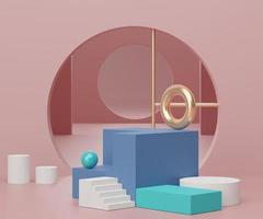 3d geometric forms. Podium in coral pink color and arch. Fashion show stage,pedestal, shopfront with colorful theme. Minimal scene for  product display. photo