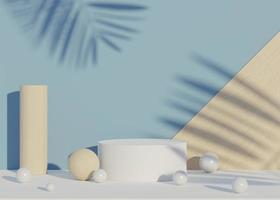 3D Abstract background of empty podium display for products and cosmetic presentation and mock up. Classy modern pedestal or showcase with shadow of palm leaves. Colorful scene. Summer time. photo