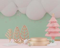 3d rendering scene of Christmas holiday concept decorate with tree and displays podium or pedestal for mock up and products presentation. photo