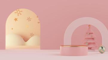3d rendering scene of Christmas holiday concept decorate with tree and displays podium or pedestal for mock up and products presentation. photo
