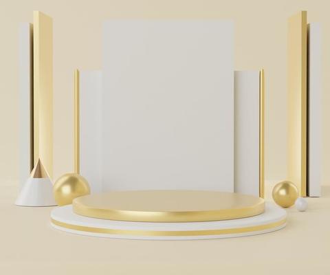3d geometric forms. Empty podium for mock up. Vacant fashion show stage,pedestal, shopfront with colorful color. Minimal scene for  product display