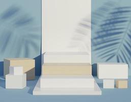 3D Abstract background of empty podium display for products and cosmetic presentation and mock up. Classy modern pedestal or showcase with shadow of palm leaves. Colorful scene. Summer time. photo