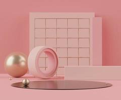 3d Abstract background of empty podium display for products and cosmetic presentation and mock up. Pink coral color pedestal or showcase with minimal geometry shapes. Colorful scene. photo