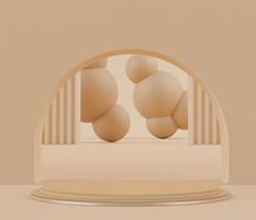 3D Podium stand with pastel color arches scene. Minimalist geometric vacant platform for mock up and presentation. Abstract background for commercial and cosmetic advertising. photo