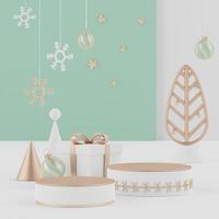 3d rendering scene of Christmas holiday concept decorate with tree and displays podium or pedestal for mock up and products presentation. photo