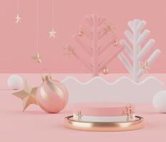 3d rendering scene of Christmas holiday concept decorate with tree and displays podium or pedestal for mock up and products presentation. photo