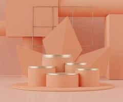 3d Abstract background of empty podium display for products and cosmetic presentation and mock up. Pink coral color pedestal or showcase with minimal geometry shapes. Colorful scene. photo