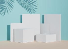 Abstract background of empty podium display for products and cosmetic presentation and mock up. white box pedestal or showcase with shadow of palm leaves and blue wall. Summer time. 3d rendering photo