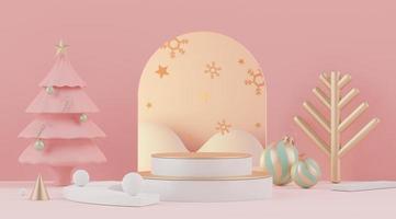 3d rendering scene of Christmas holiday concept decorate with tree and displays podium or pedestal for mock up and products presentation. photo