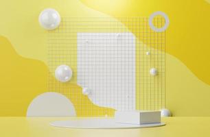 3d rendering of minimal displays podium or pedestal for mock up and products presentation with abstract simple geometric shapes with illuminating yellow background. photo