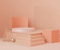 3d Abstract background of empty podium display for products and cosmetic presentation and mock up. Pink coral color pedestal or showcase with minimal geometry shapes. Colorful scene. photo