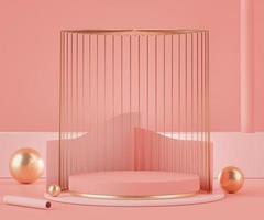 3d Abstract background of empty podium display for products and cosmetic presentation and mock up. Pink coral color pedestal or showcase with minimal geometry shapes. Colorful scene. photo