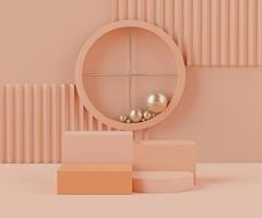 3d Abstract background of empty podium display for products and cosmetic presentation and mock up. Pink coral color pedestal or showcase with minimal geometry shapes. Colorful scene. photo