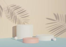 3D Abstract background of empty podium display for products and cosmetic presentation and mock up. Classy modern pedestal or showcase with shadow of palm leaves. Colorful scene. Summer time. photo