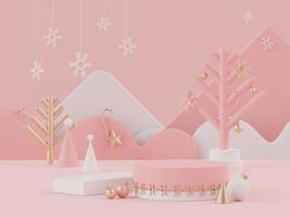 3d rendering scene of Christmas holiday concept decorate with tree and displays podium or pedestal for mock up and products presentation. photo