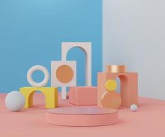 3d resumen render escena mínima de podio de color azul pastel amarillo y rosa para mostrar productos y publicidad con fondo limpio foto