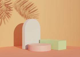 3D Abstract background of empty podium display for products and cosmetic presentation and mock up. Classy modern pedestal or showcase with shadow of palm leaves. Colorful scene. Summer time. photo