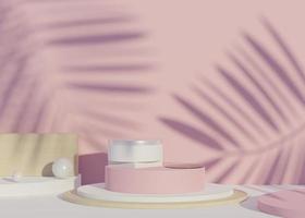 3D Abstract background of empty podium display for products and cosmetic presentation and mock up. Classy modern pedestal or showcase with shadow of palm leaves. Colorful scene. Summer time. photo