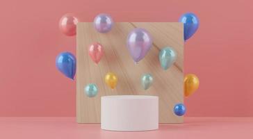 3d Abstract background of empty podium display for products and cosmetic presentation and mock up. Pink coral pedestal or showcase with balloons and minimal geometry shapes. Colorful scene. photo