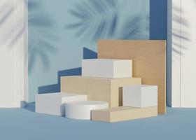 3D Abstract background of empty podium display for products and cosmetic presentation and mock up. Classy modern pedestal or showcase with shadow of palm leaves. Colorful scene. Summer time. photo