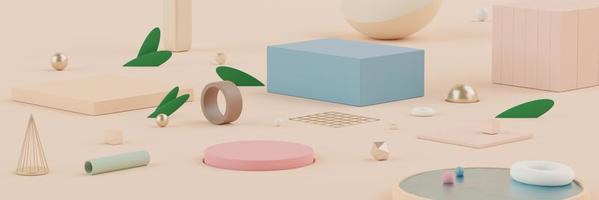 3d Abstract background of empty podium display for products and cosmetic presentation and mock up. Pastel cream colors pedestal or showcase with minimal geometry shapes. Colorful scene. photo