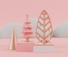 Escena de representación 3d del concepto de vacaciones de navidad decorar con árbol y muestra podio o pedestal para maquetas y presentación de productos. foto