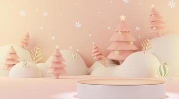 3d rendering scene of Christmas holiday concept decorate with tree and displays podium or pedestal for mock up and products presentation. photo