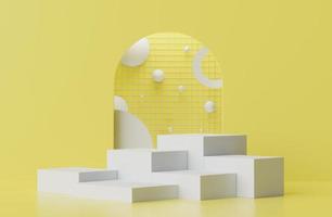 3d rendering of minimal displays podium or pedestal for mock up and products presentation with abstract simple geometric shapes with illuminating yellow background. photo