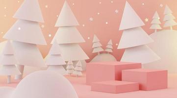 3d rendering scene of Christmas holiday concept decorate with tree and displays podium or pedestal for mock up and products presentation. photo