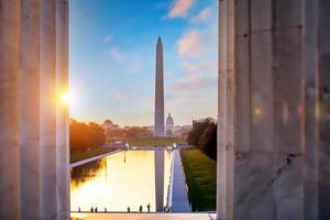 Washington monument, mirrored in the reflecting pool in Washington, DC. photo