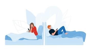 People Lying In Bed And Use Mobile Phone Vector